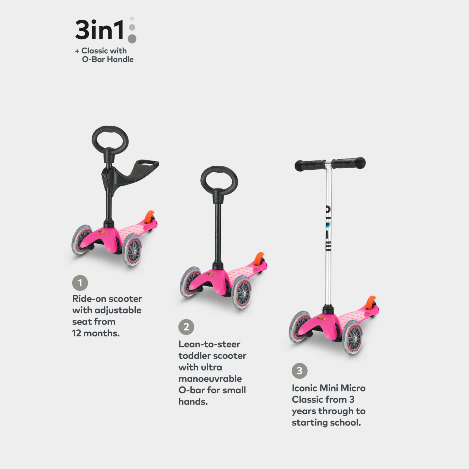 Toddler Scooter - Mini Micro 3in1 Classic Scooter - Pink - 12 Months 5 Toddler Scooter - Mini Micro 3in1 Classic Scooter - Pink - 12 Months - Image 3